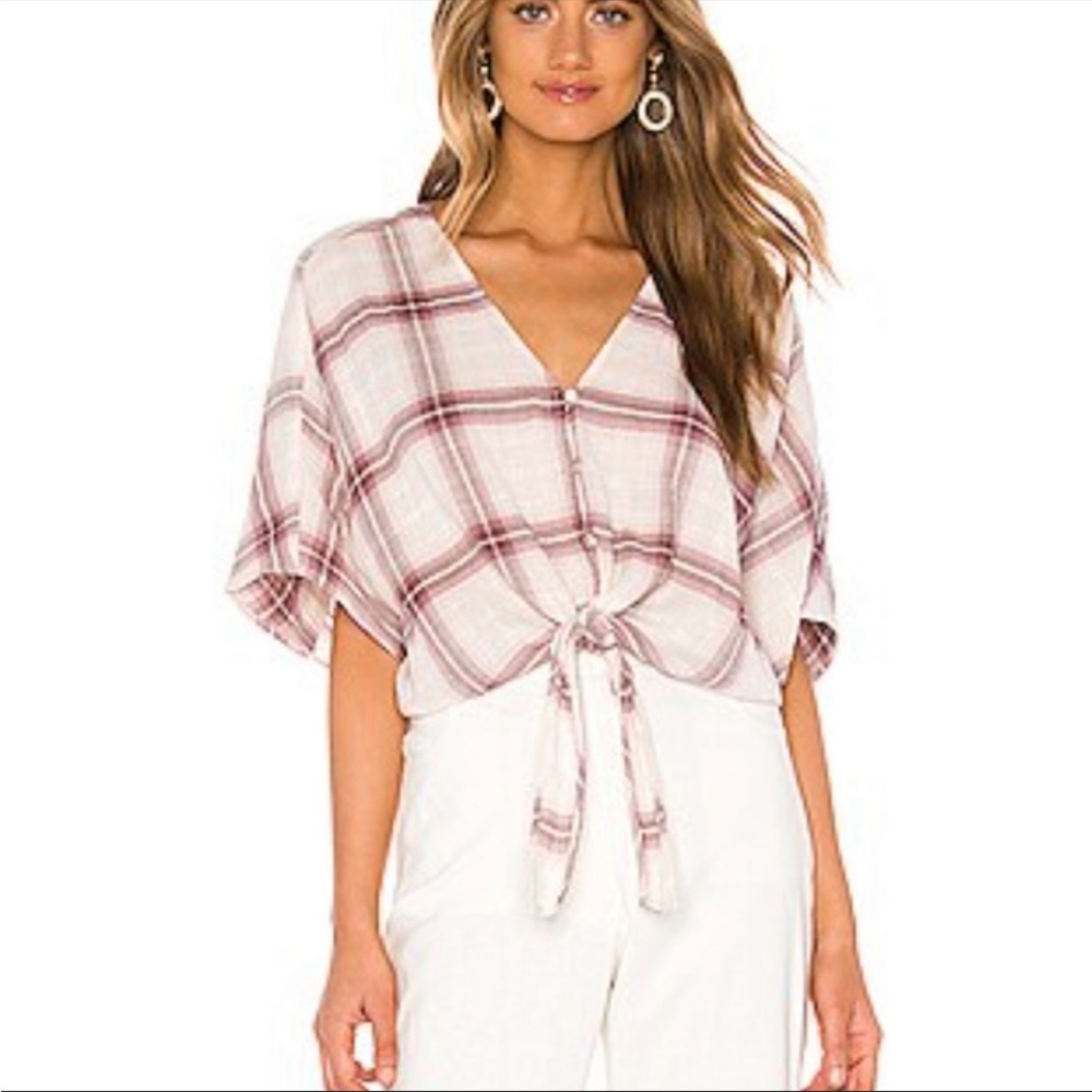Paige Baylee Top Plaid Cotton Button Tie Front Mauve White V-neck Soft Flannel